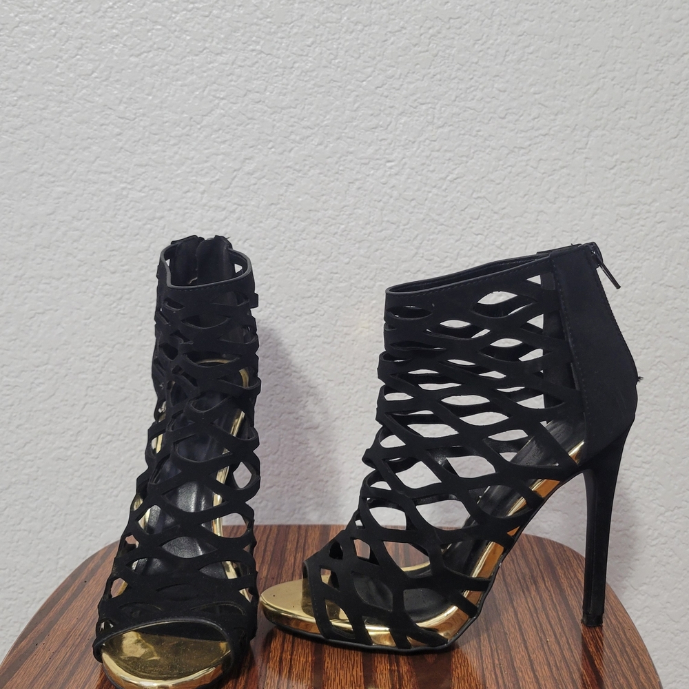 Charlotte Russe Black and Gold Strappy Party Heels